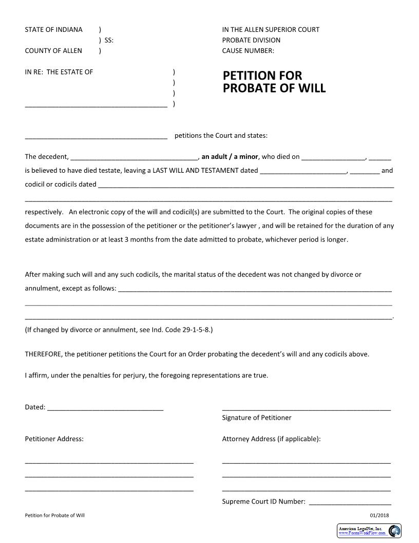 Petition For Probate Of Will (E-Filed) | Pdf Fpdf Docx | Indiana
