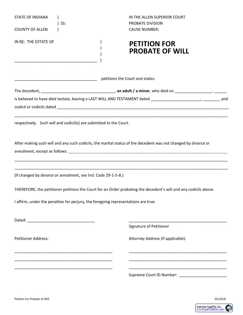 Petition For Probate Of Will (Not E-Filed) | Pdf Fpdf Docx | Indiana