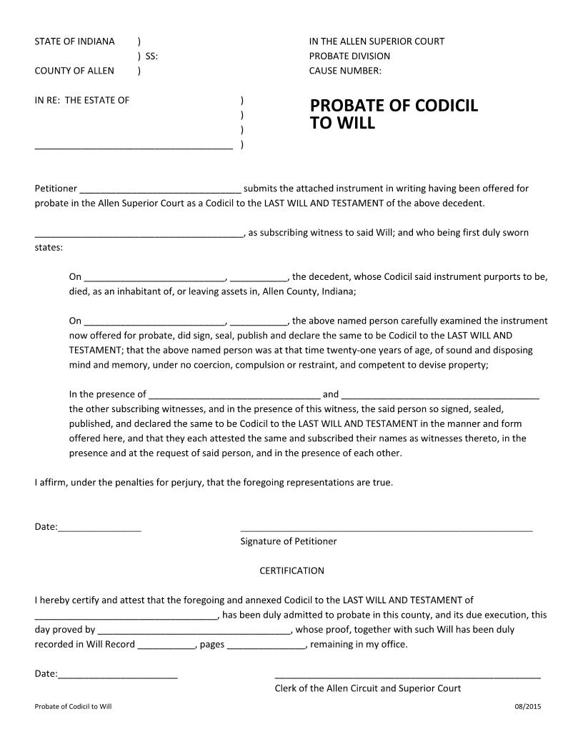 Probate Of Codicil To Will | Pdf Fpdf Docx | Indiana
