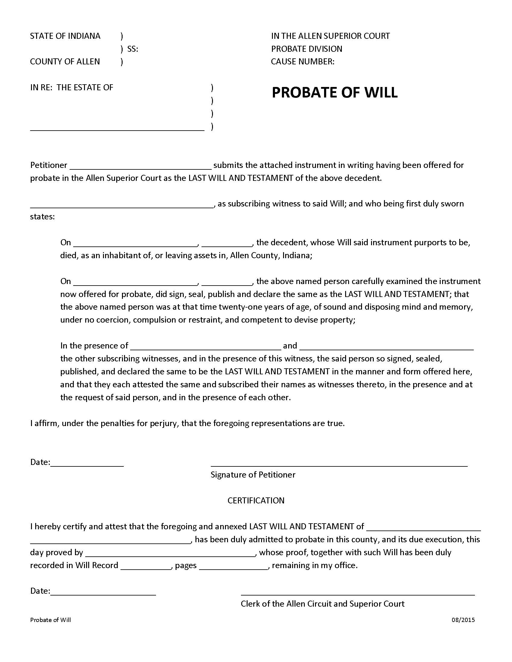 Probate Of Will | Pdf Fpdf Docx | Indiana