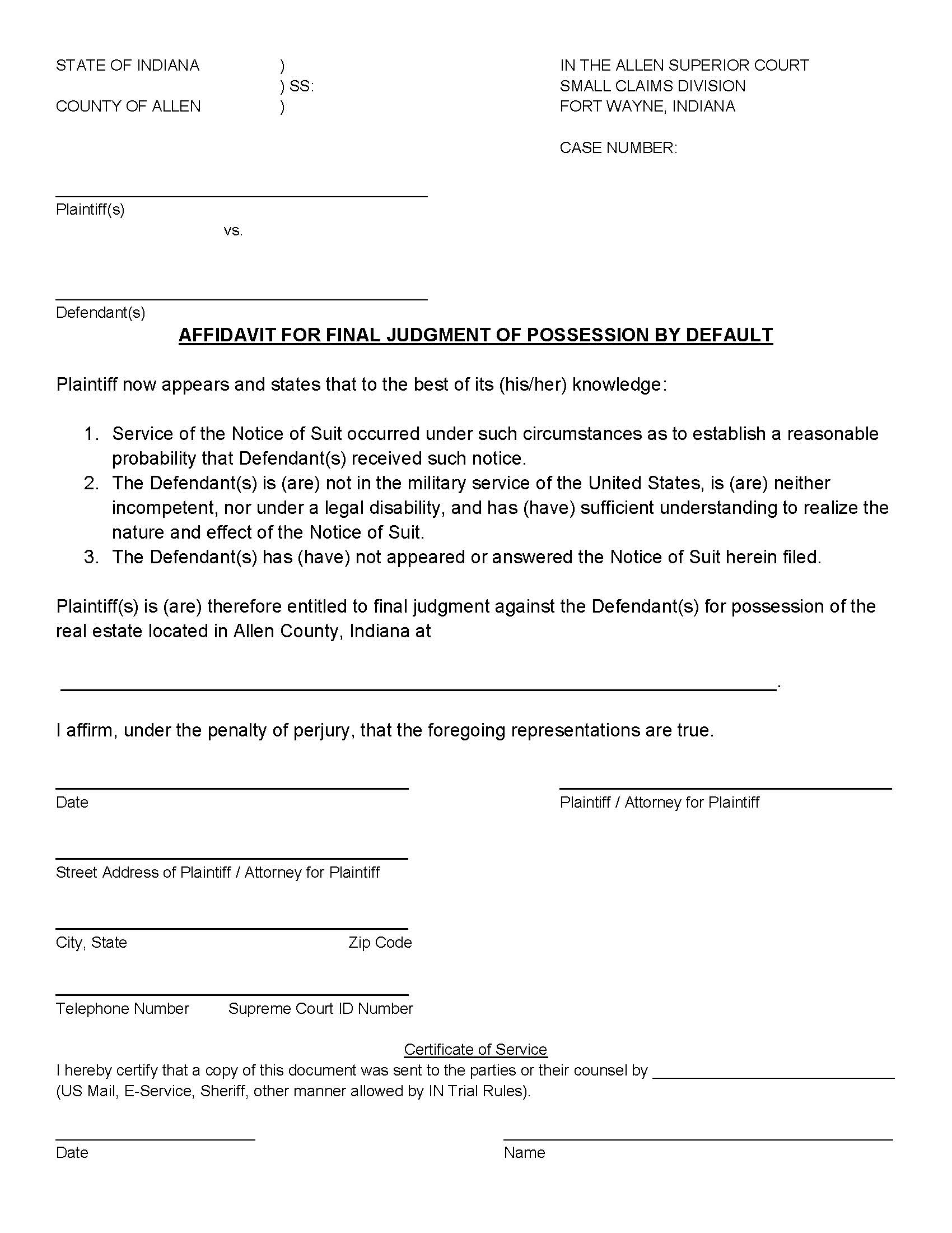 Affidavit For Final Judgment Of Possession By Default And Order | Pdf Fpdf Docx | Indiana