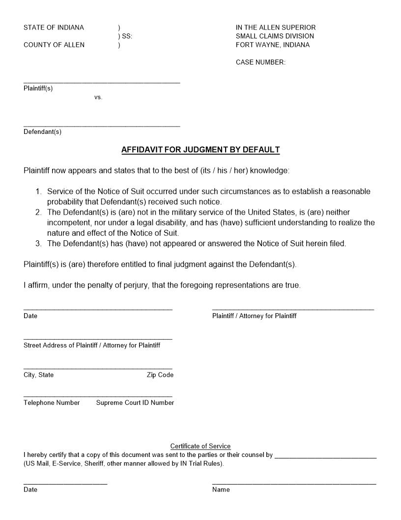 Affidavit For Judgment By Default And Order | Pdf Fpdf Docx | Indiana
