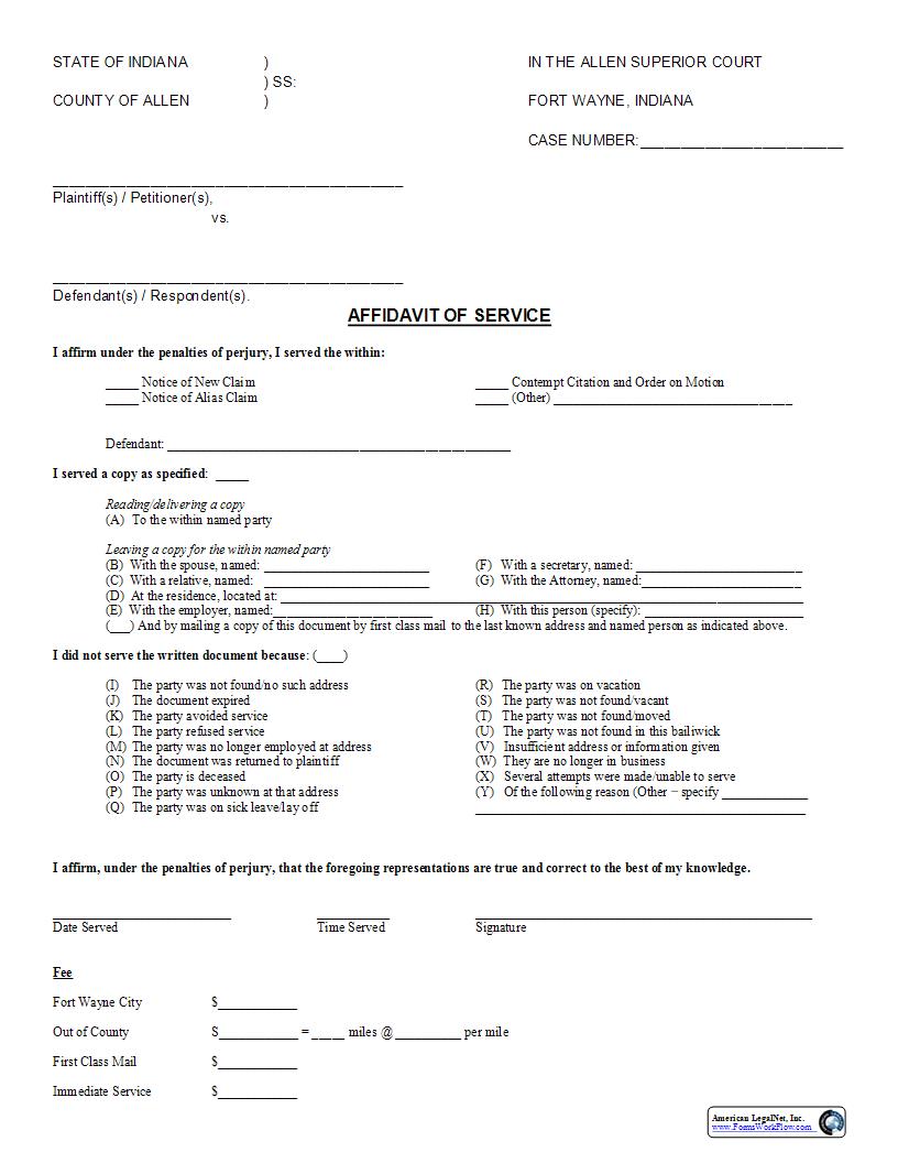 Affidavit Of Service | Pdf Fpdf Docx | Indiana