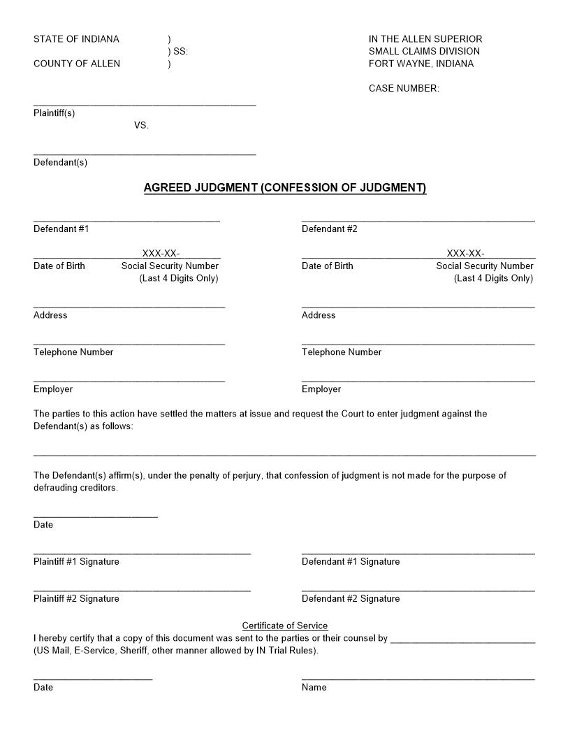 Agreed Judgment (Confession Of Judgment) And Order | Pdf Fpdf Docx | Indiana