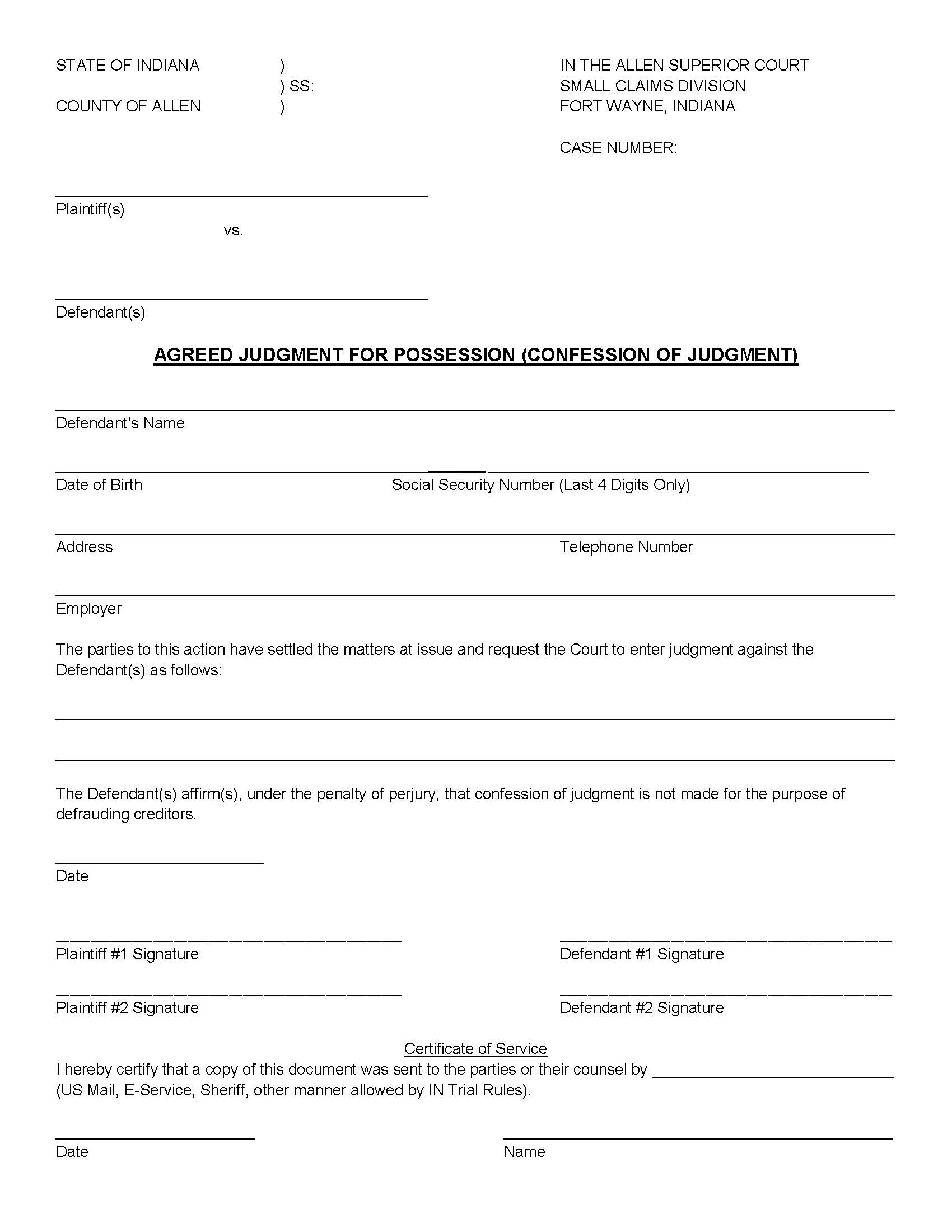 Agreed Judgment For Possession (Confession Of Judgment) And Order | Pdf Fpdf Docx | Indiana