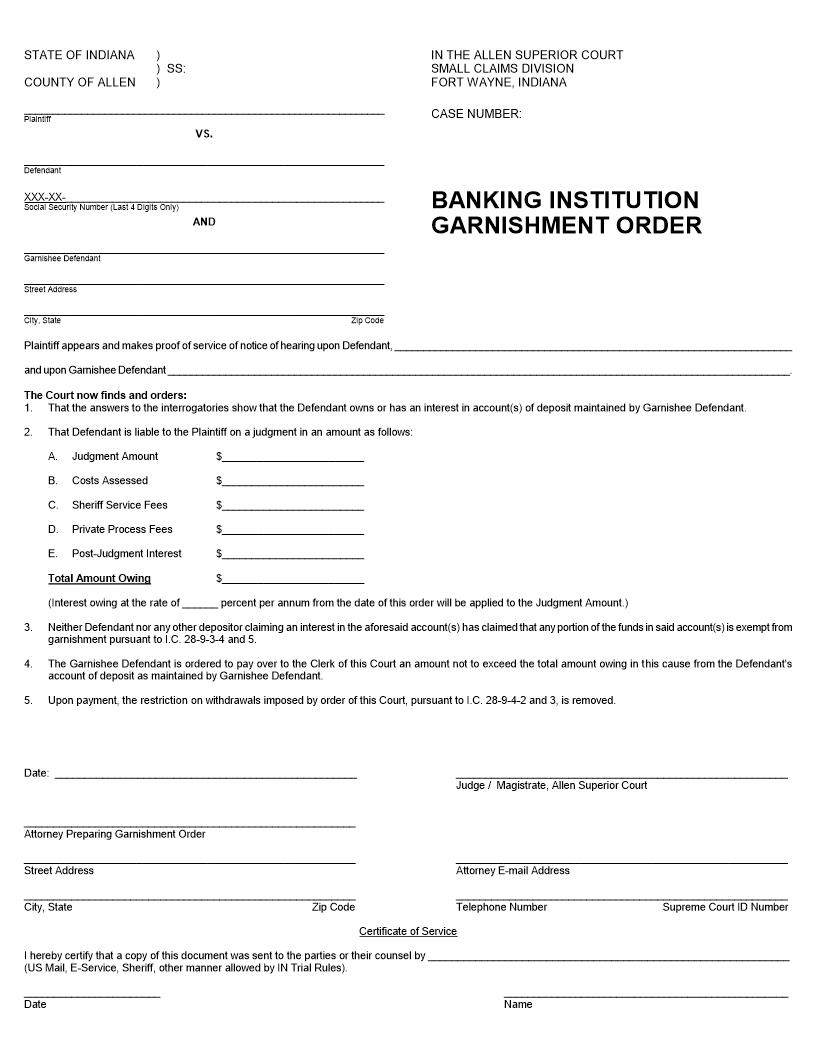Banking Institution Garnishment Order | Pdf Fpdf Doc Docx | Indiana