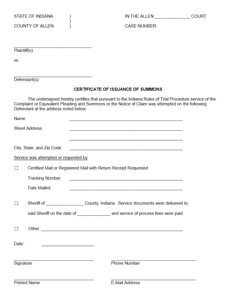 Certificate Of Issuance Of Summons | Pdf Fpdf Docx | Indiana
