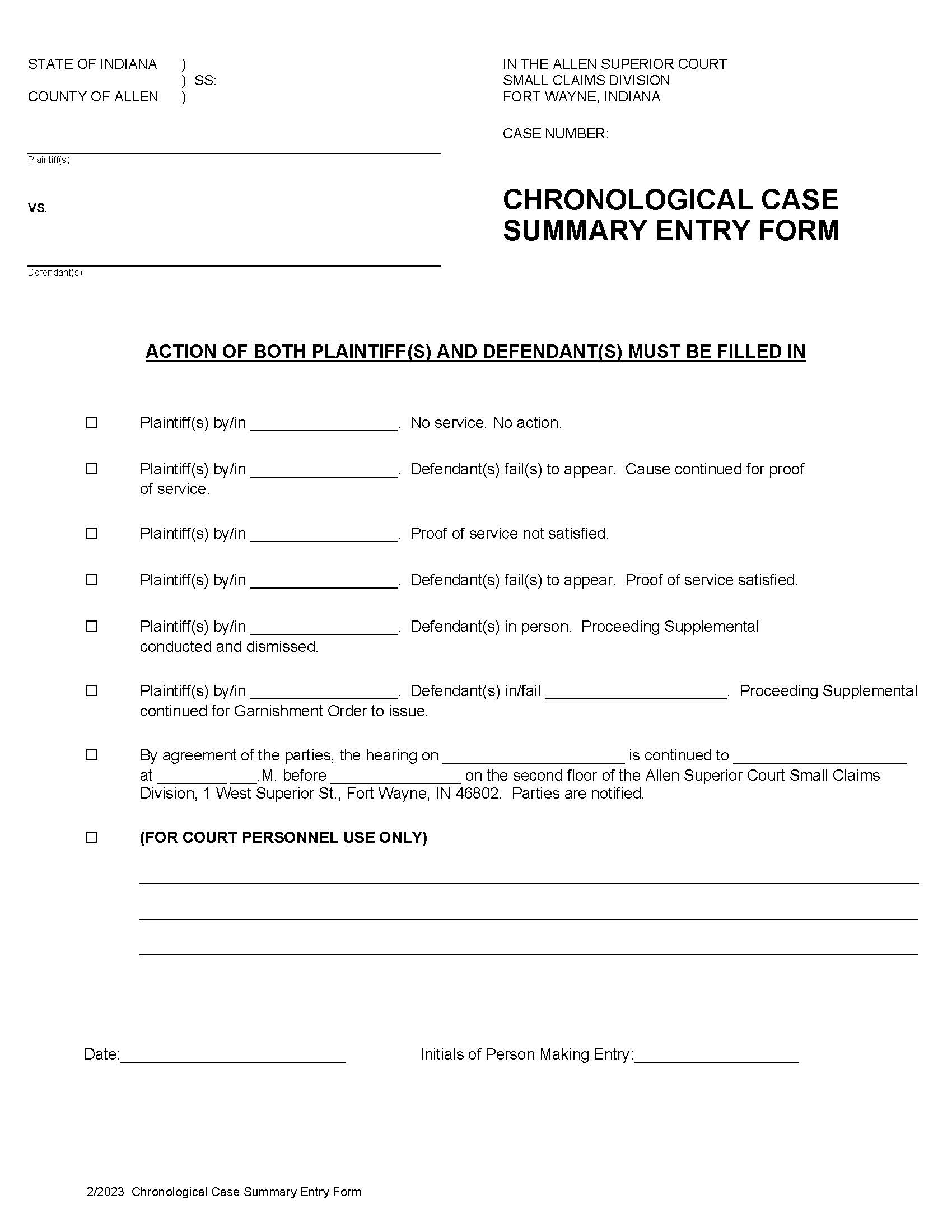 Chronological Case Summary Entry Form {CLK 236} | Pdf Fpdf Docx | Indiana