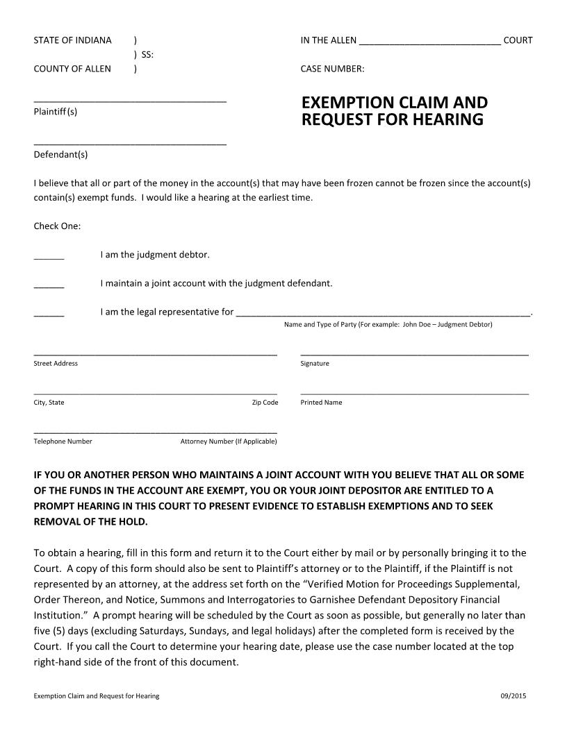Exemption Claim And Request For Hearing | Pdf Fpdf Docx | Indiana
