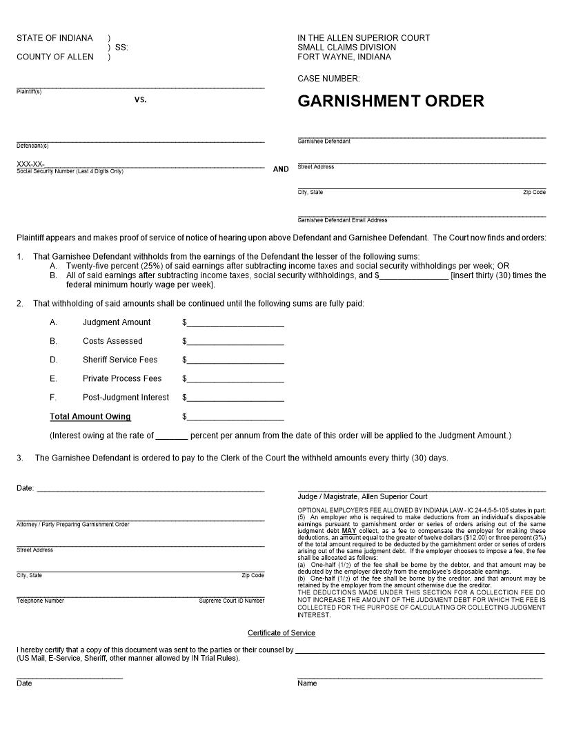 Garnishment Order | Pdf Fpdf Doc Docx | Indiana