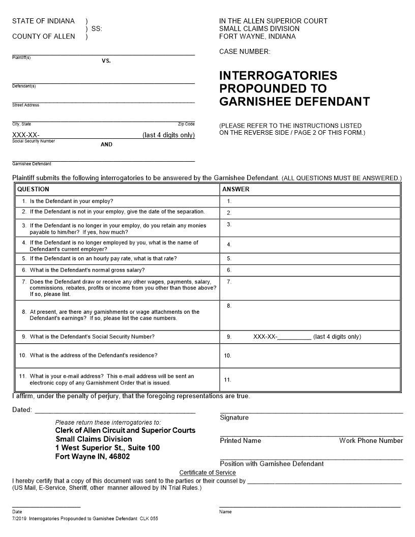 Interrogatories Propounded To Garnishee Defendant | Pdf Fpdf Doc Docx | Indiana