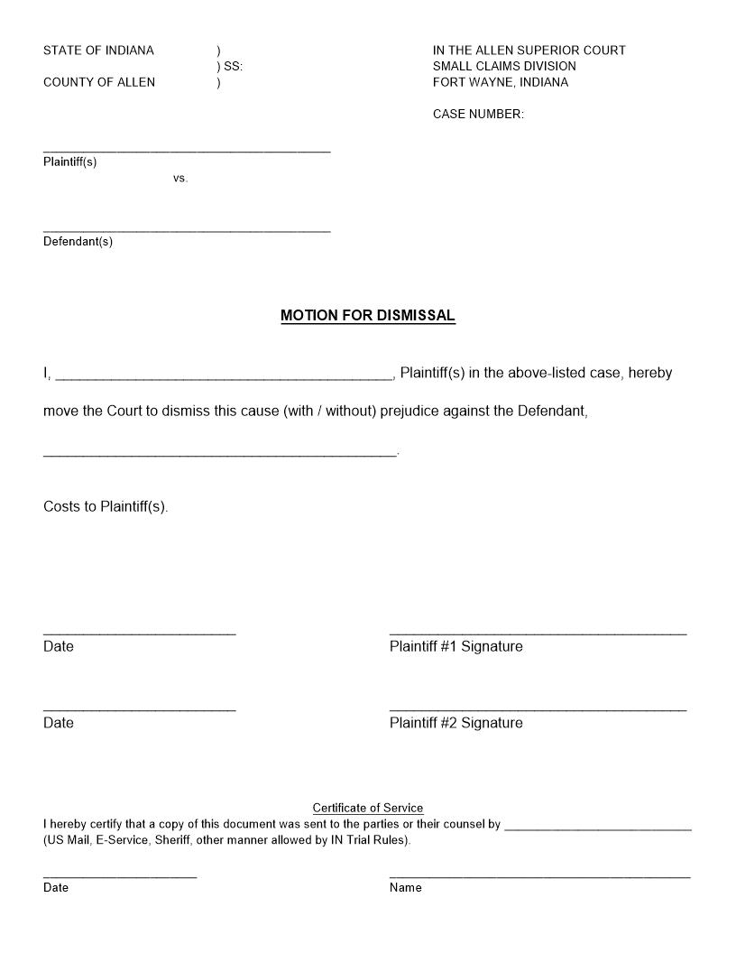 Motion For Dismissal And Order | Pdf Fpdf Docx | Indiana
