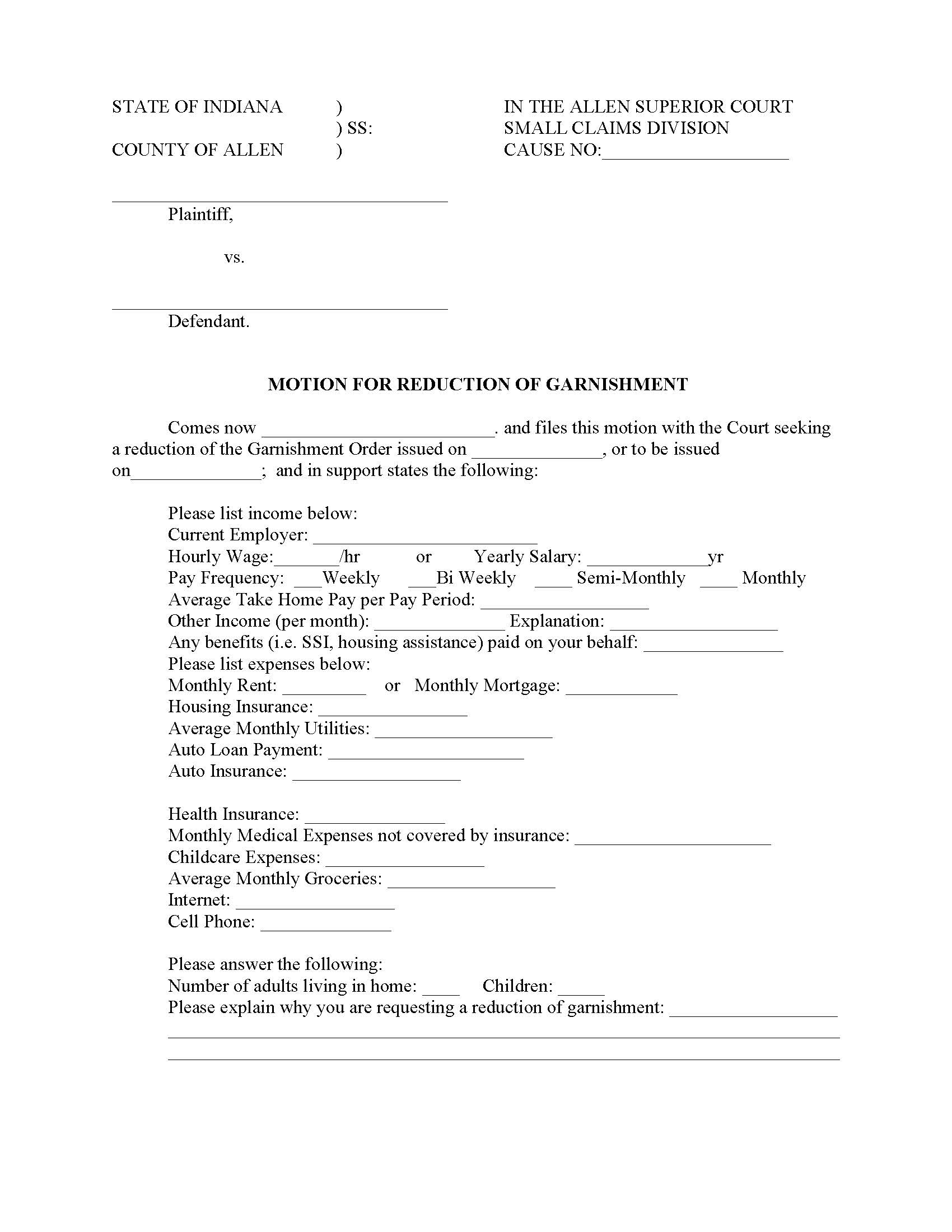 Motion For Hearing On Reduction Of Garnishment | Pdf Fpdf Docx | Indiana