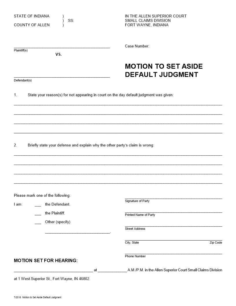 Motion To Set Aside Default Judgment | Pdf Fpdf Docx | Indiana