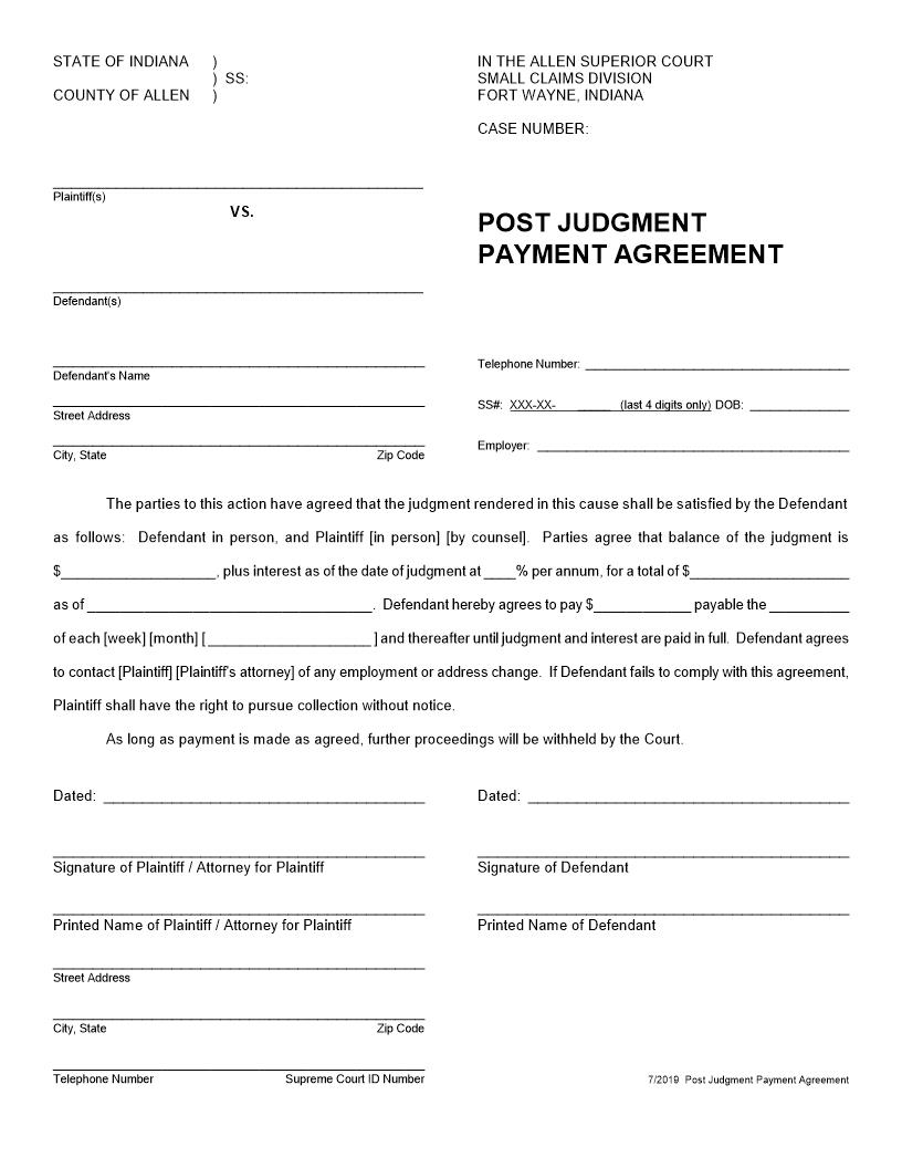 Post Judgment Payment Agreement | Pdf Fpdf Docx | Indiana