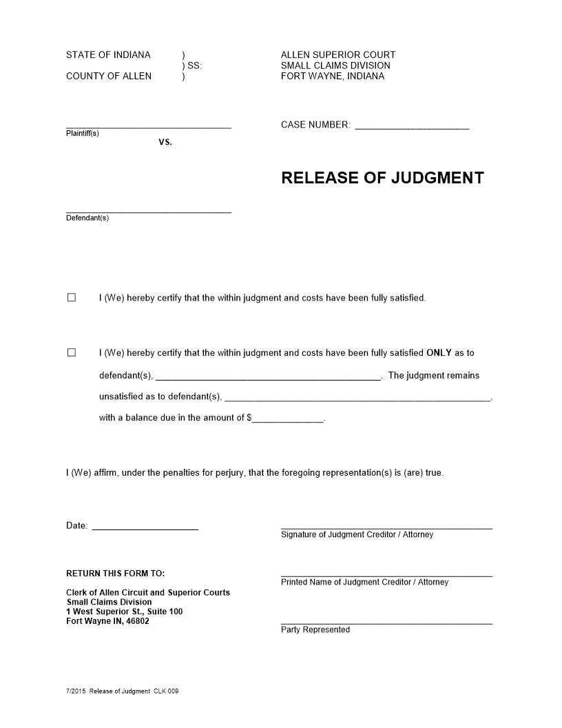 Release Of Judgment | Pdf Fpdf Docx | Indiana