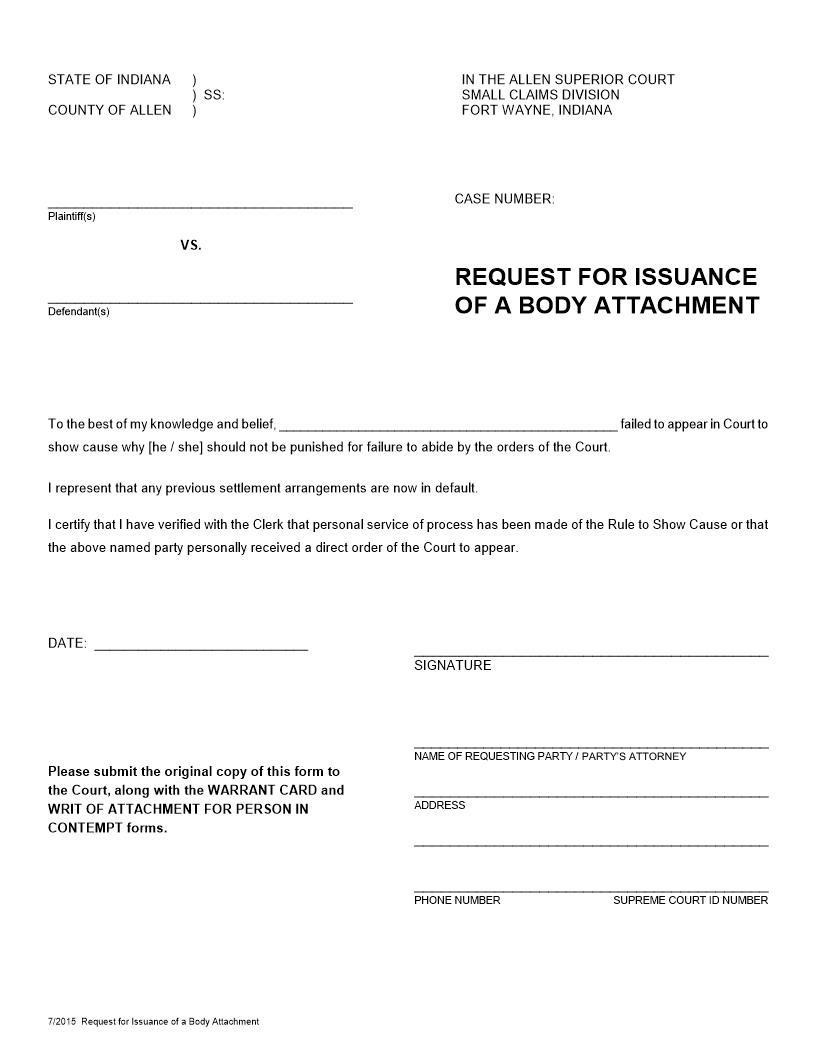 Request For Issuance Of Body Attachment | Pdf Fpdf Docx | Indiana