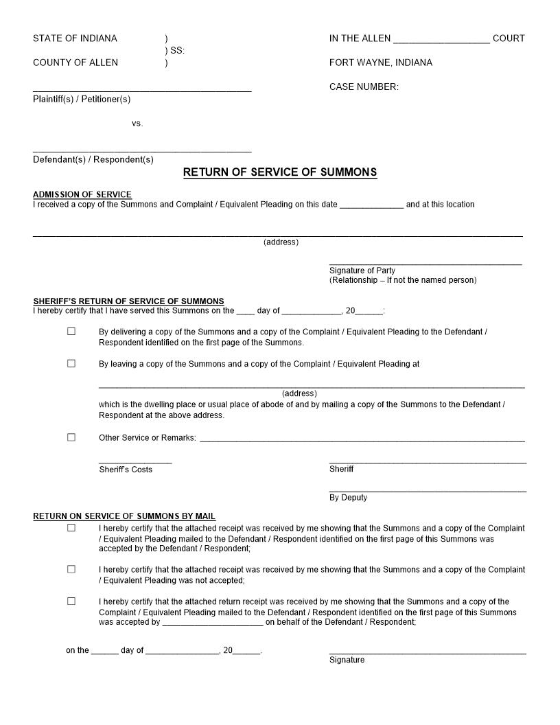 Return Of Service Of Summons | Pdf Fpdf Docx | Indiana