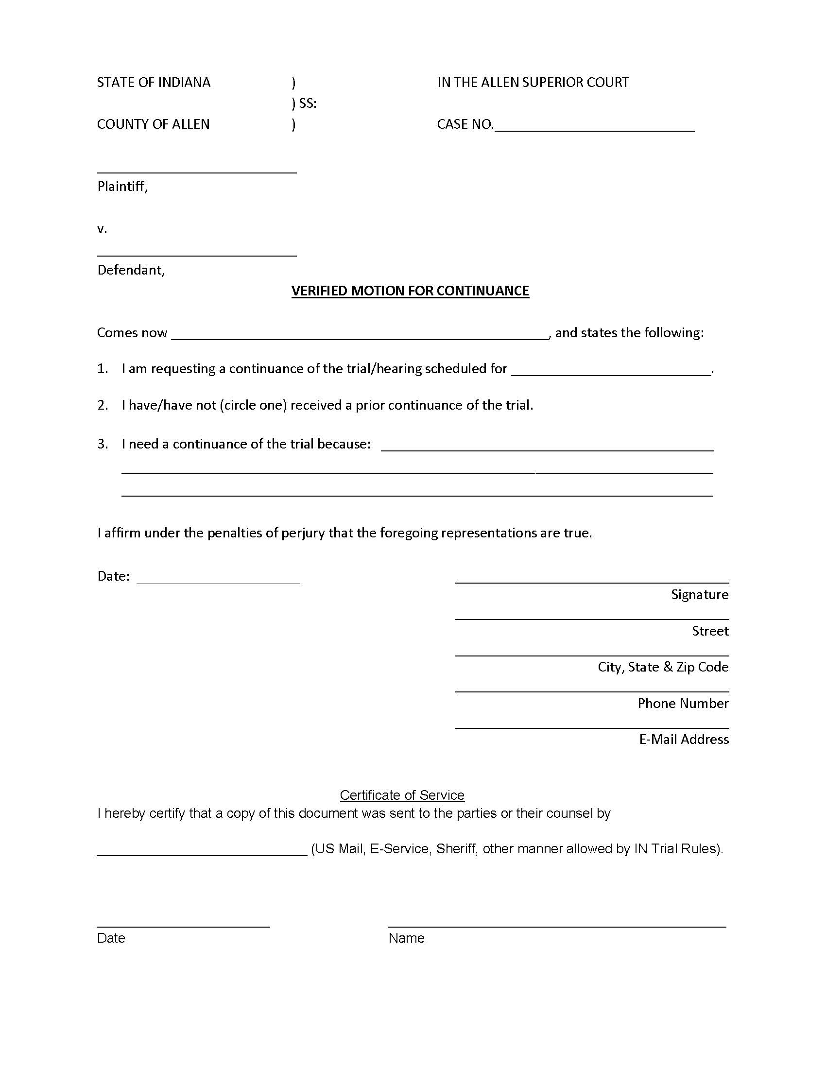 Verified Motion For Continuance | Pdf Fpdf Docx | Indiana