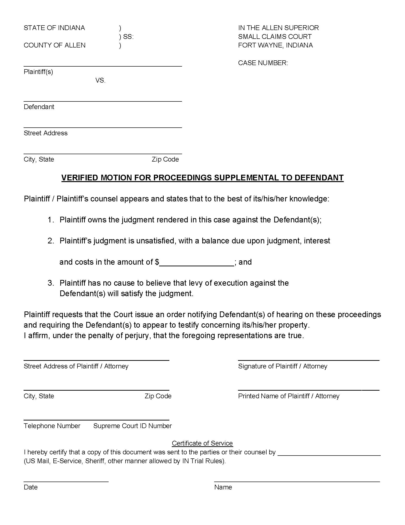 Verified Motion For Proceedings Supplemental To Defendant And Order | Pdf Fpdf Doc Docx | Indiana