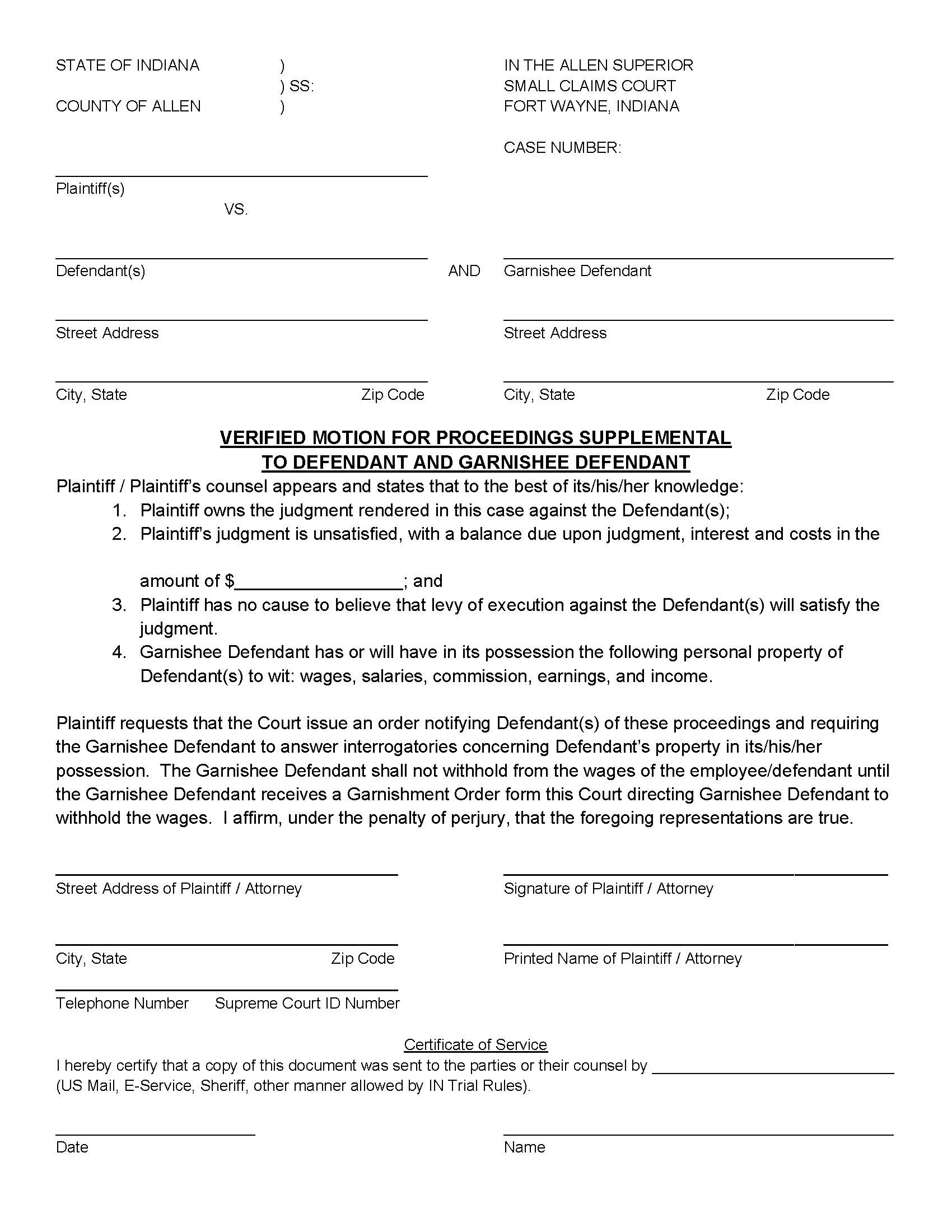 Verified Motion For Proceedings Supplemental To Defendant With Order - Summons | Pdf Fpdf Doc Docx | Indiana