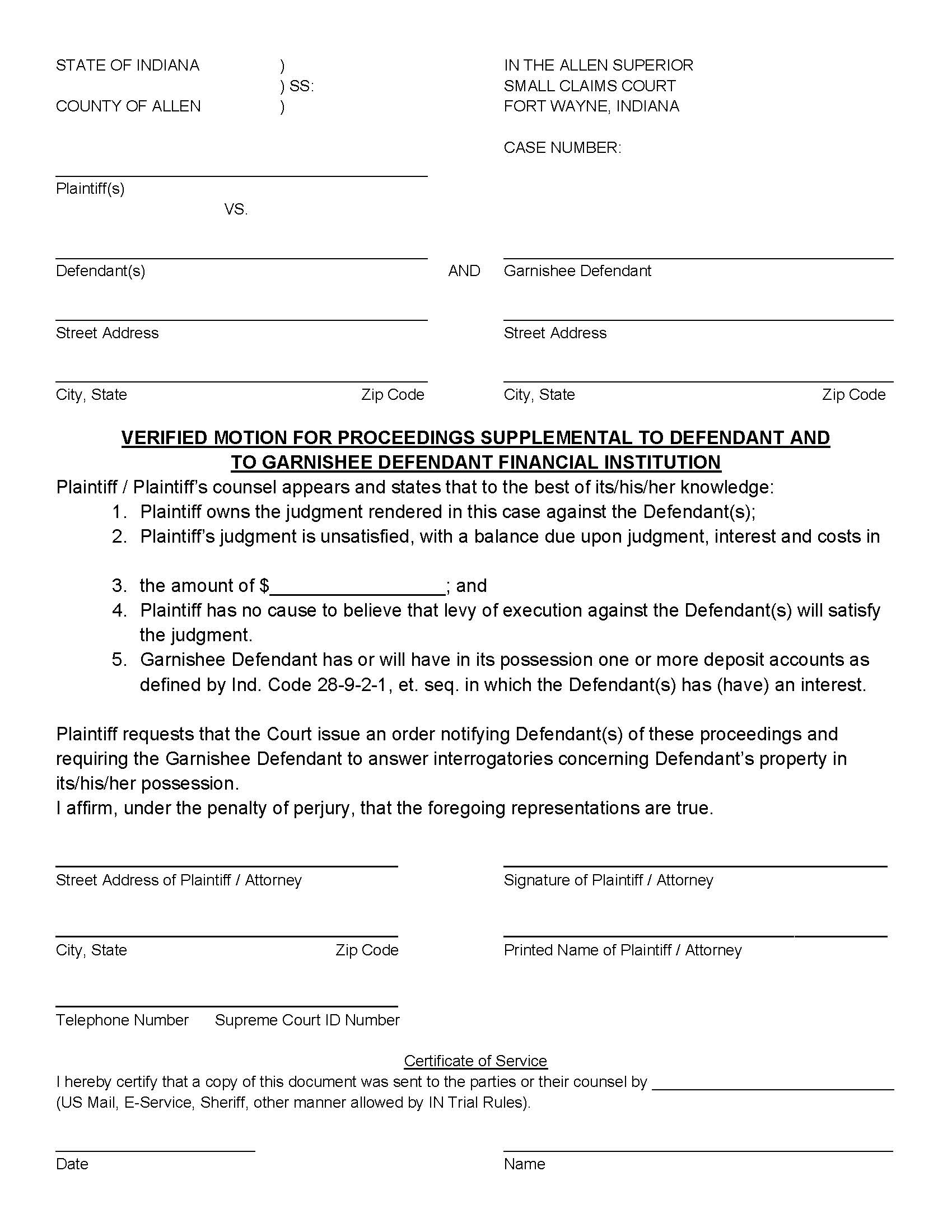 Verified Motion Proceedings Supplemental Defendant Deft Financial Institution - Order - Exemption Claim | Pdf Fpdf Doc Docx | Indiana