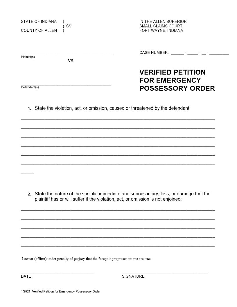 Verified Petition For Emergency Possessory Order | Pdf Fpdf Docx | Indiana