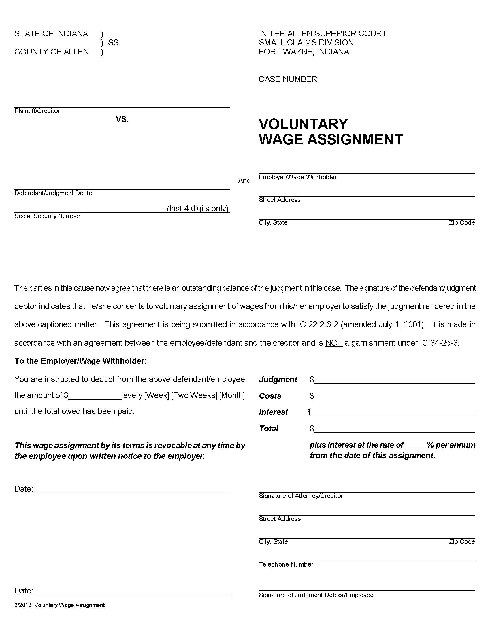 Voluntary Wage Assignment | Pdf Fpdf Docx | Indiana
