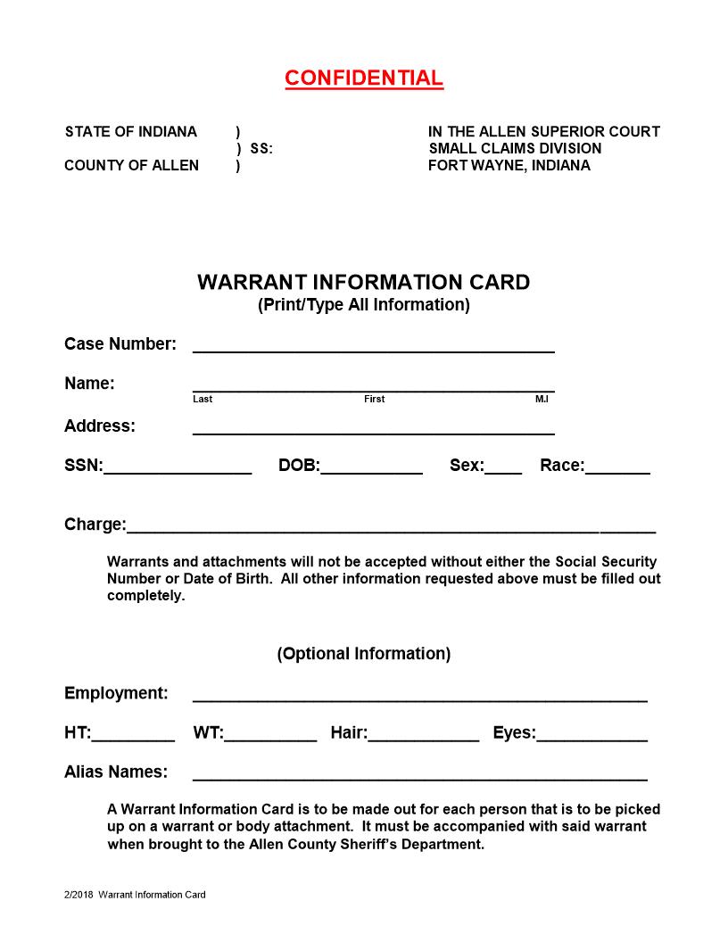 Warrant Information Card | Pdf Fpdf Docx | Indiana