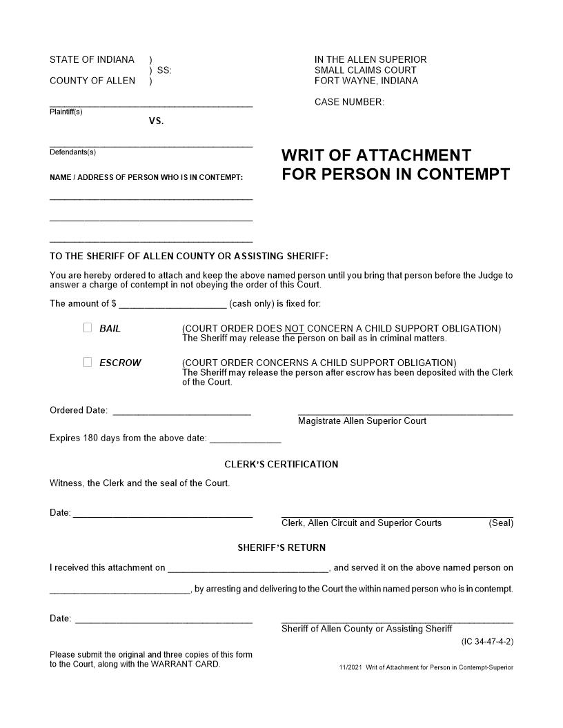 Writ Of Attachment For Person In Contempt | Pdf Fpdf Docx | Indiana
