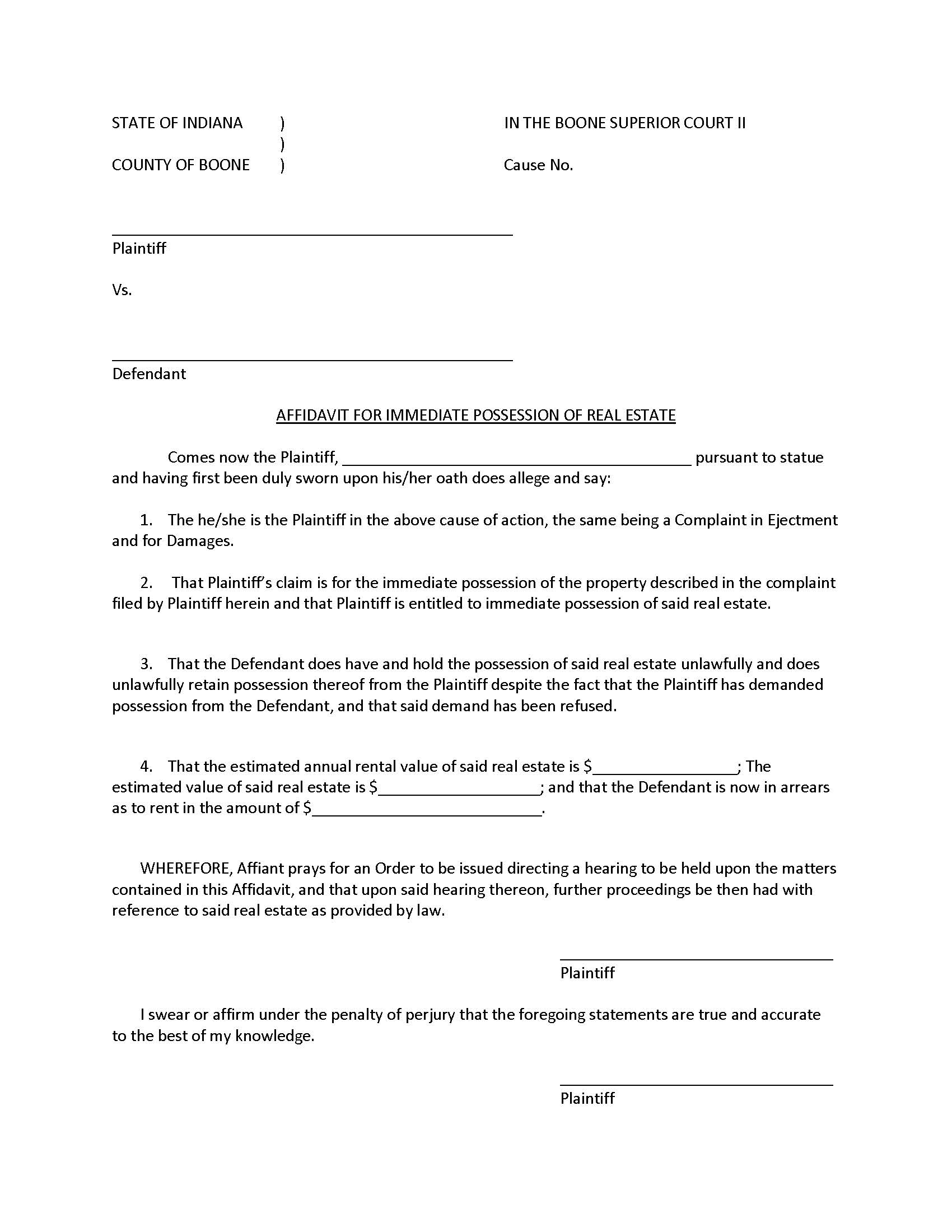 Affidavit For Immediate Possession Of Real Estate | Pdf Fpdf Docx | Indiana