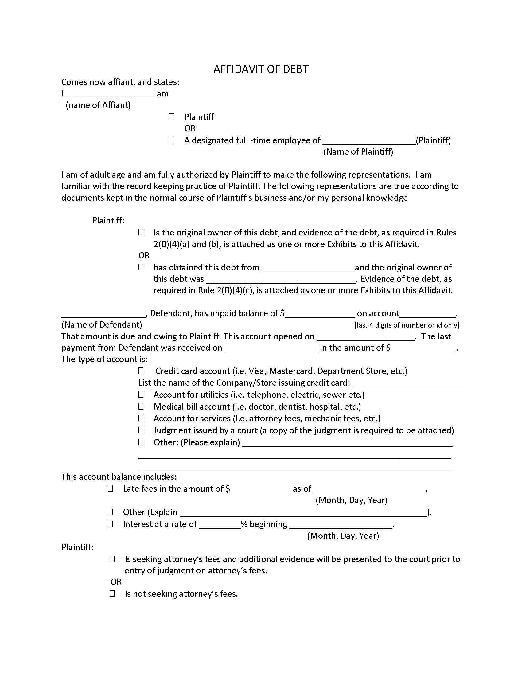 Affidavit Of Debt (SC) | Pdf Fpdf Docx | Indiana