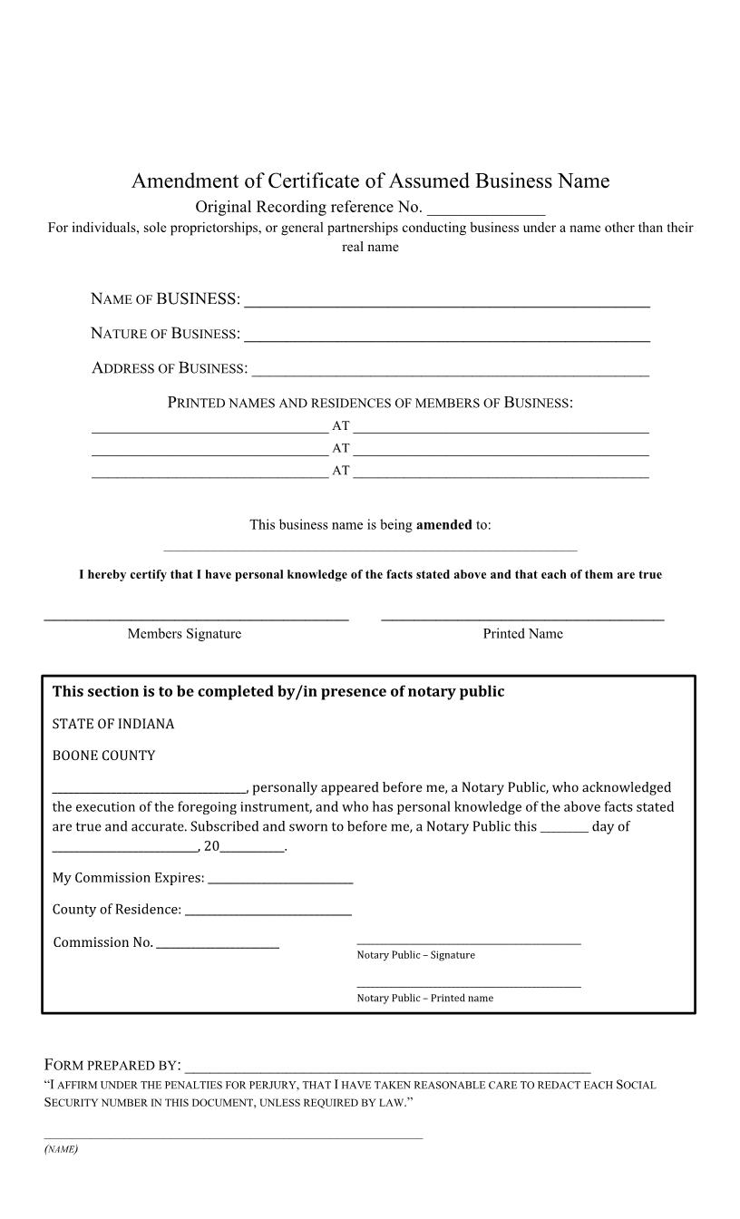 Amendment Of Certificate Of Assumed Business Name | Pdf Fpdf Docx | Indiana