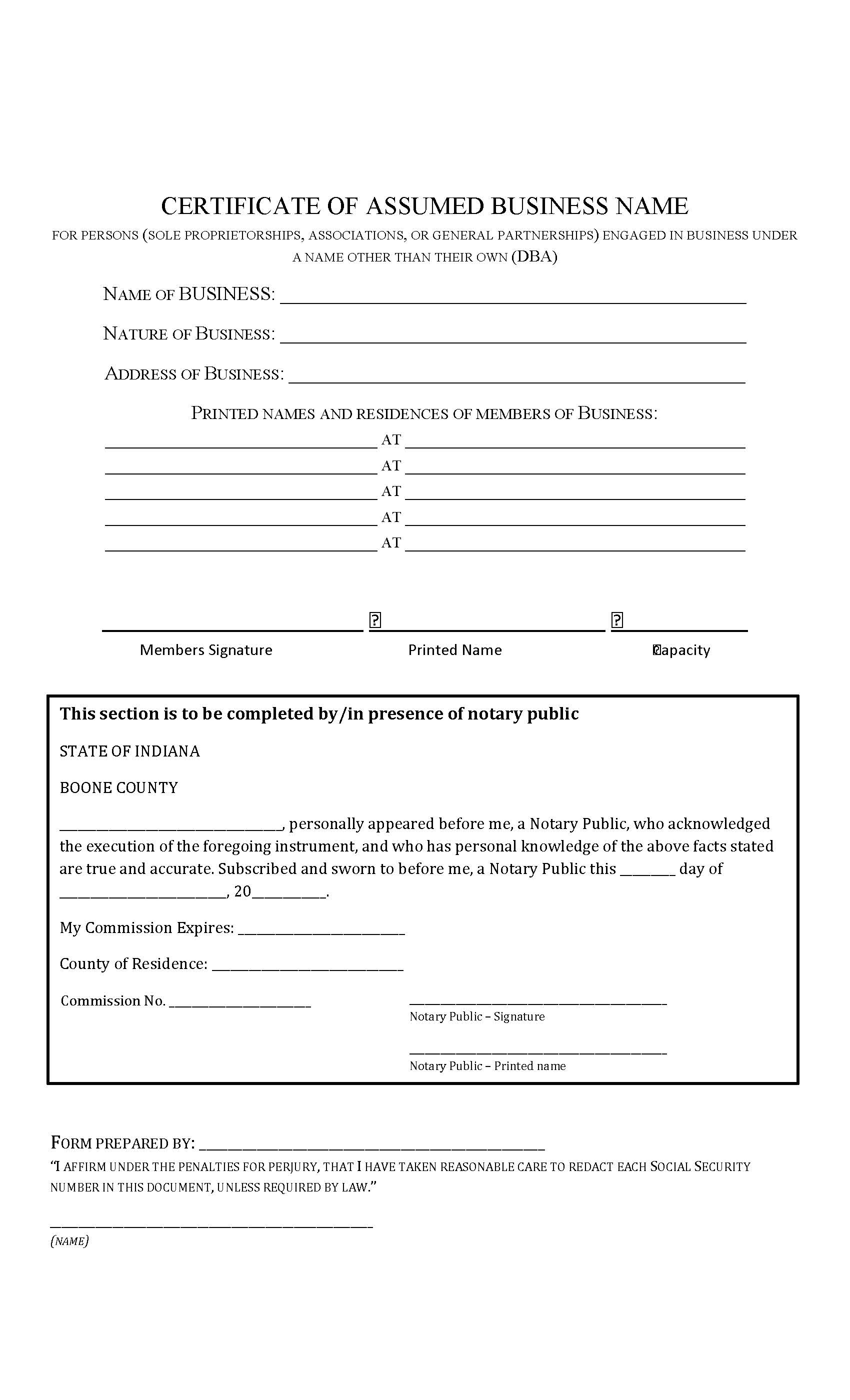 Certificate Of Assumed Business Name | Pdf Fpdf Docx | Indiana