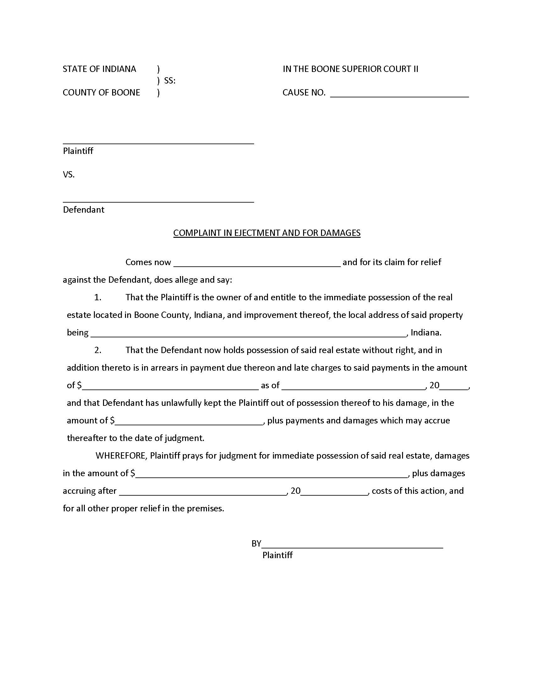 Complaint In Ejectment And For Damages | Pdf Fpdf Docx | Indiana