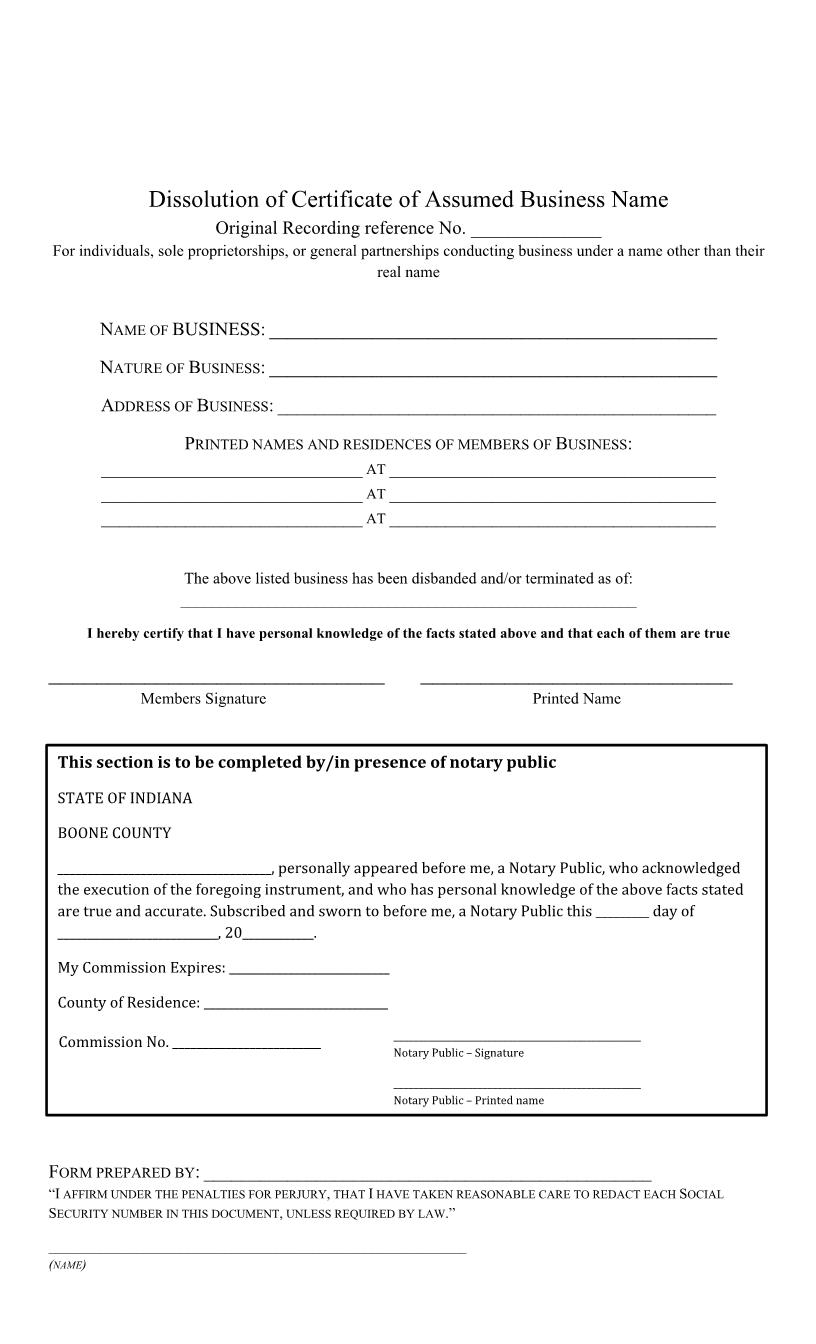 Dissolution Of Certificate Of Assumed Business Name | Pdf Fpdf Docx | Indiana