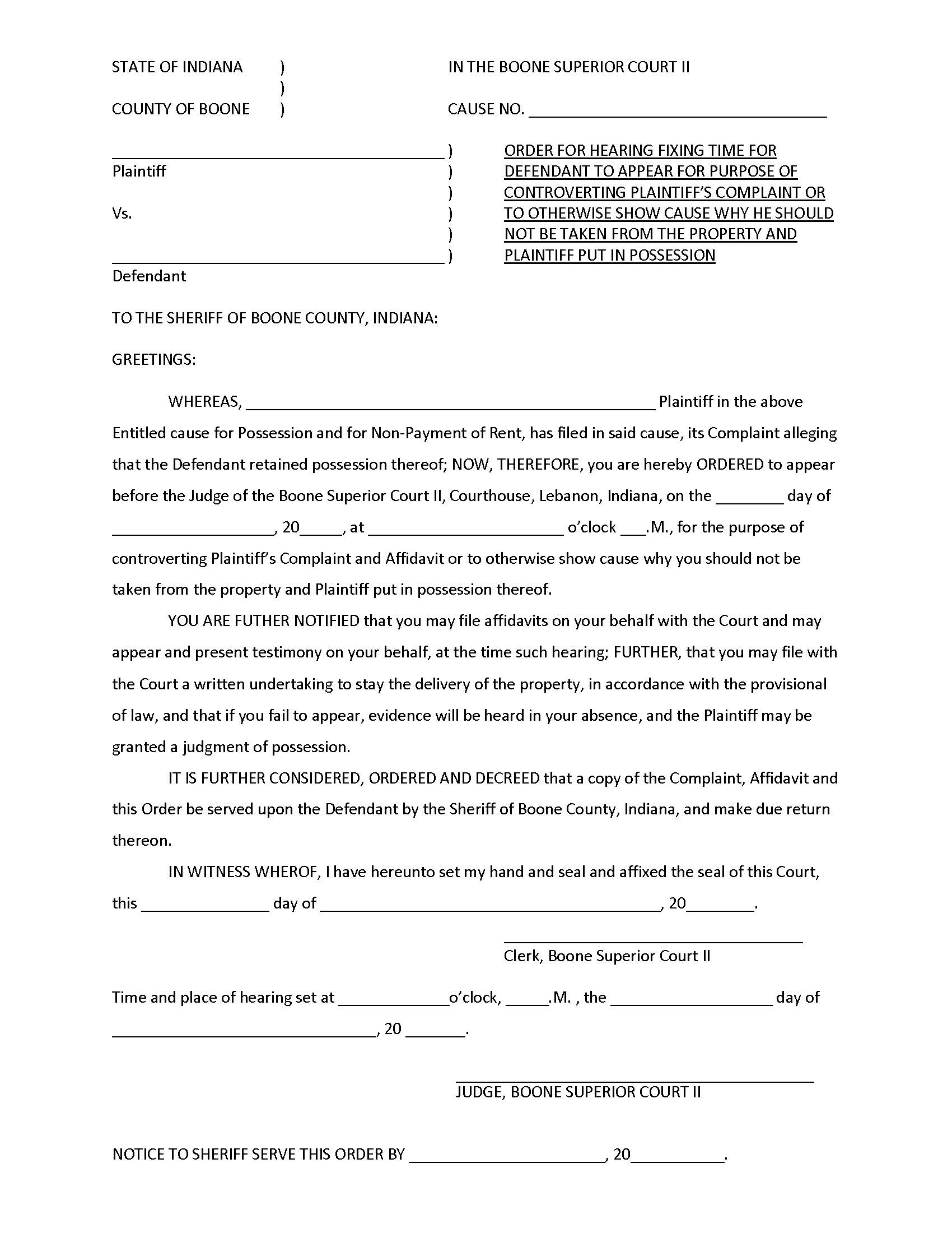 Order Fixing Hearing To Show Cause (Landlord-Tenant) | Pdf Fpdf Docx | Indiana