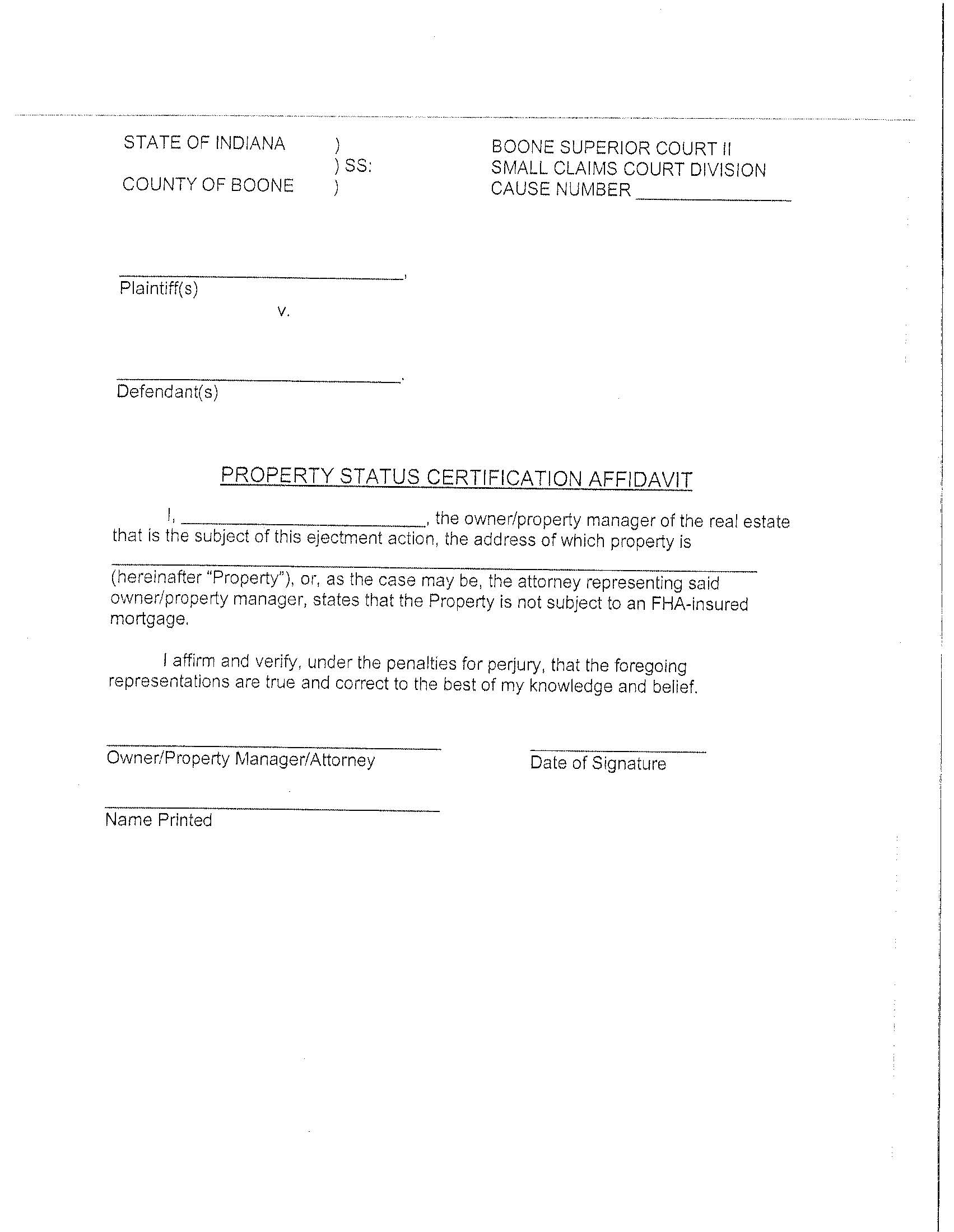 Property Status Certification Affidavit (Eviction) | Pdf Fpdf Docx | Indiana