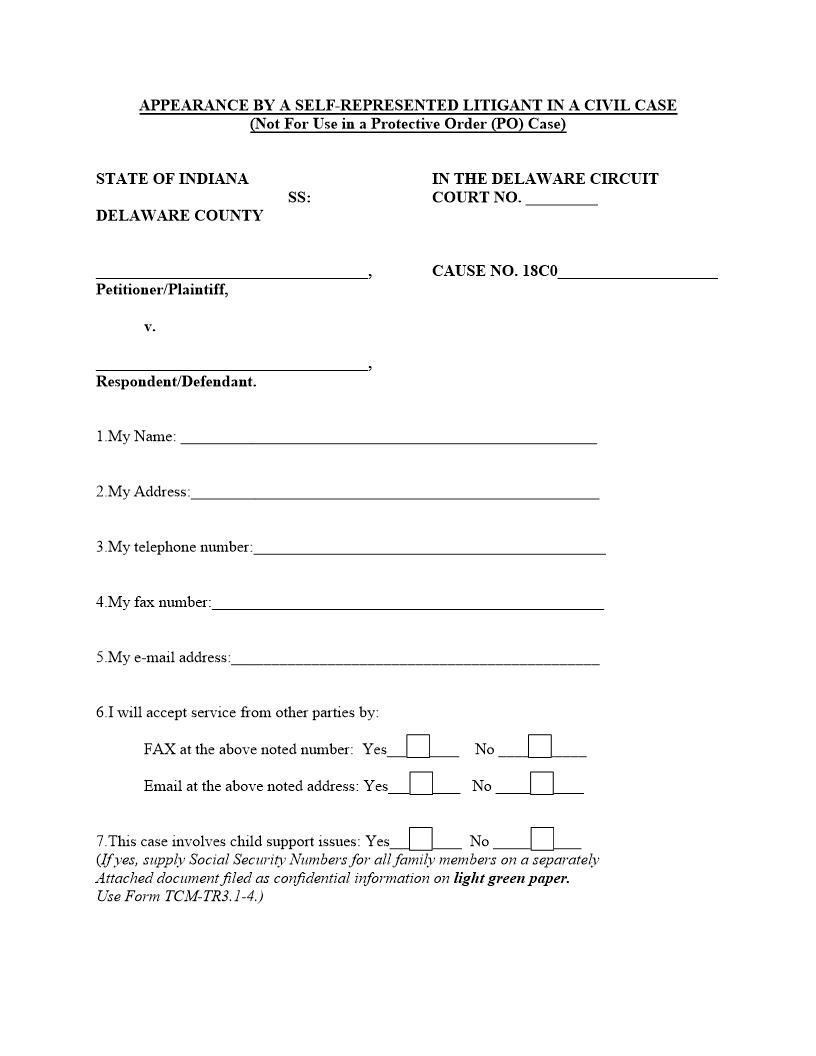 Appearance By Self-Represented Litigant (Civil) | Pdf Fpdf Docx | Indiana
