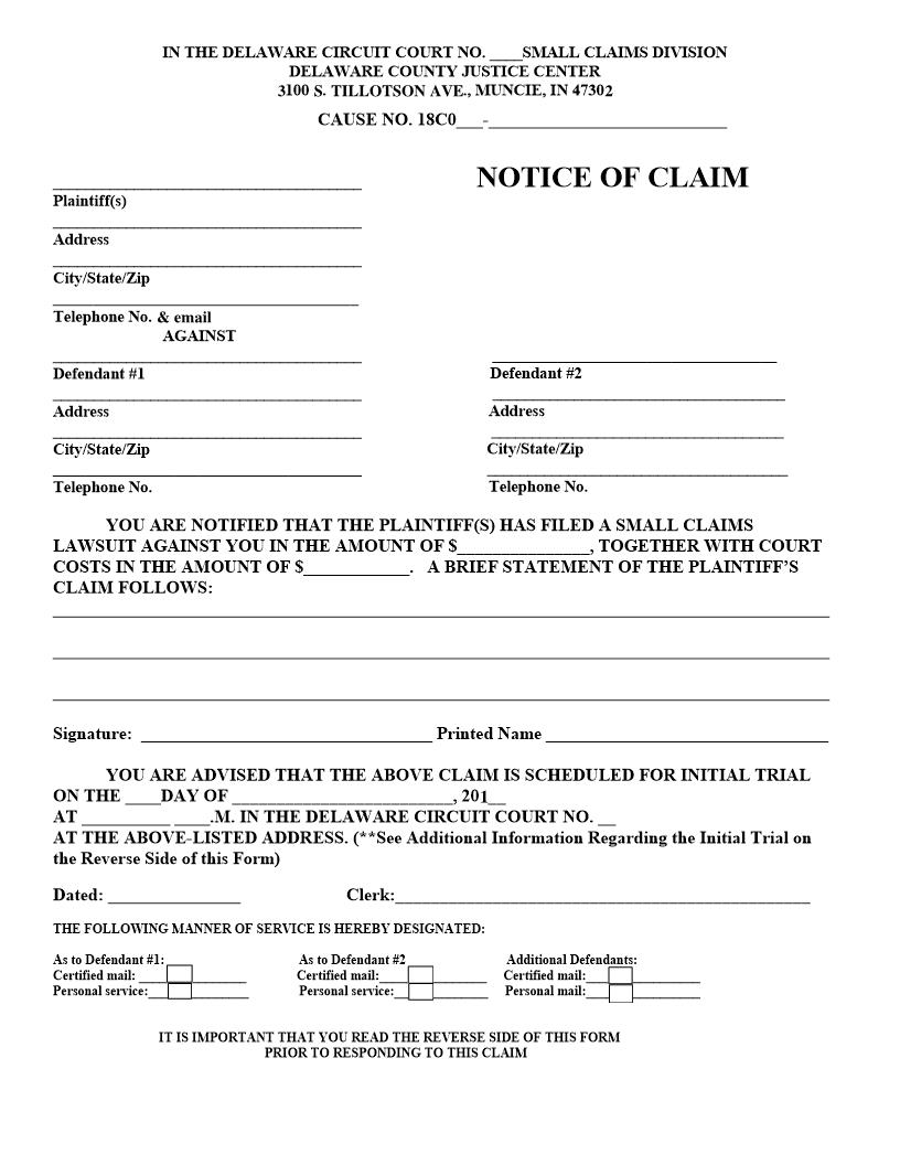 Notice Of Claim With Affidavits (Small Claims) | Pdf Fpdf Docx | Indiana