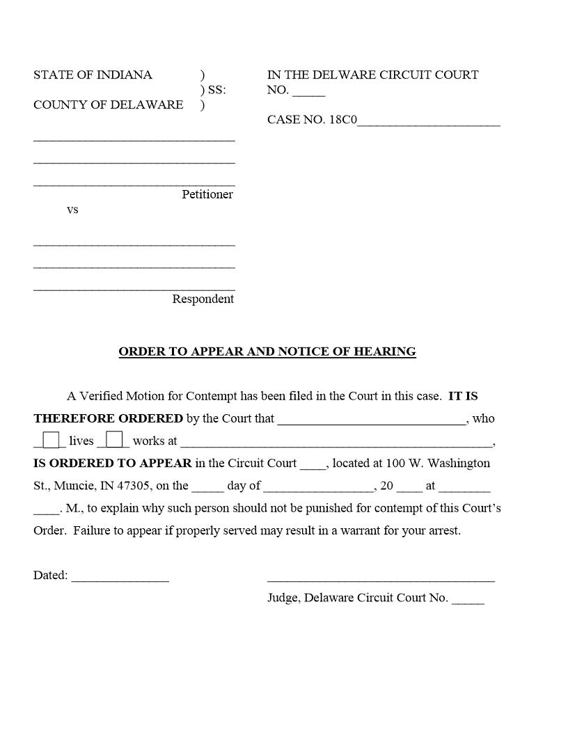 Order To Appear And Notice Of Hearing (Contempt) | Pdf Fpdf Docx | Indiana