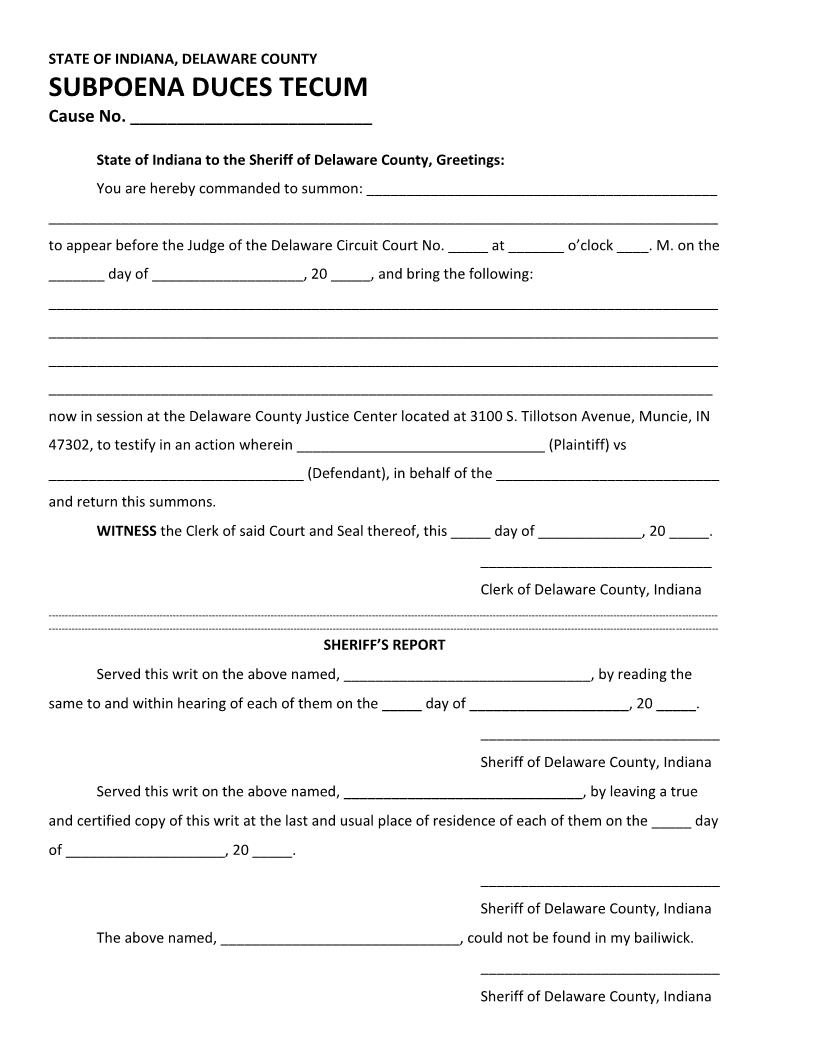 Subpoena Duces Tecum | Pdf Fpdf Doc Docx | Indiana