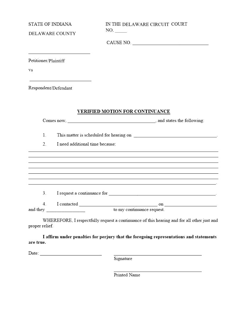 Verified Motion For Continuance And Order | Pdf Fpdf Docx | Indiana