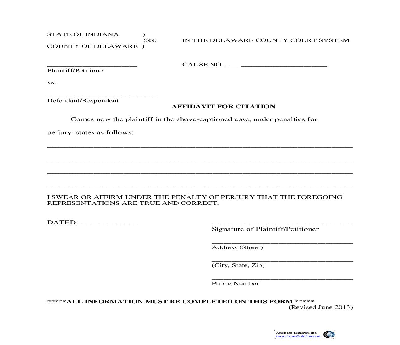 Affidavit For Citation | Pdf Fpdf Doc Docx | Indiana