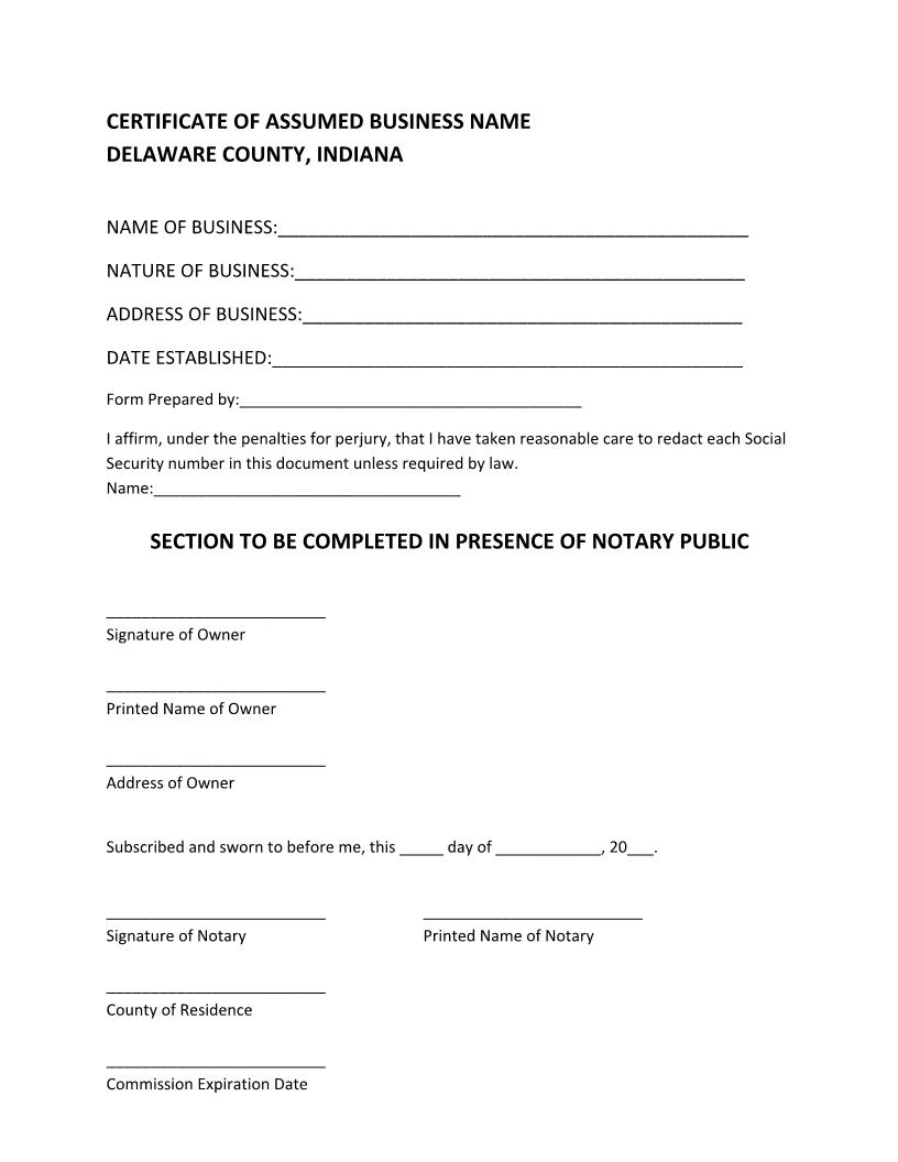 Certificate Of Assumed Business Name | Pdf Fpdf Docx | Indiana