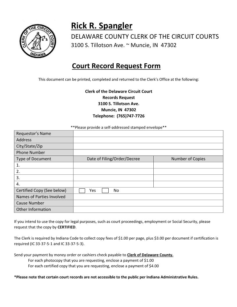 Court Record Request Form | Pdf Fpdf Docx | Indiana