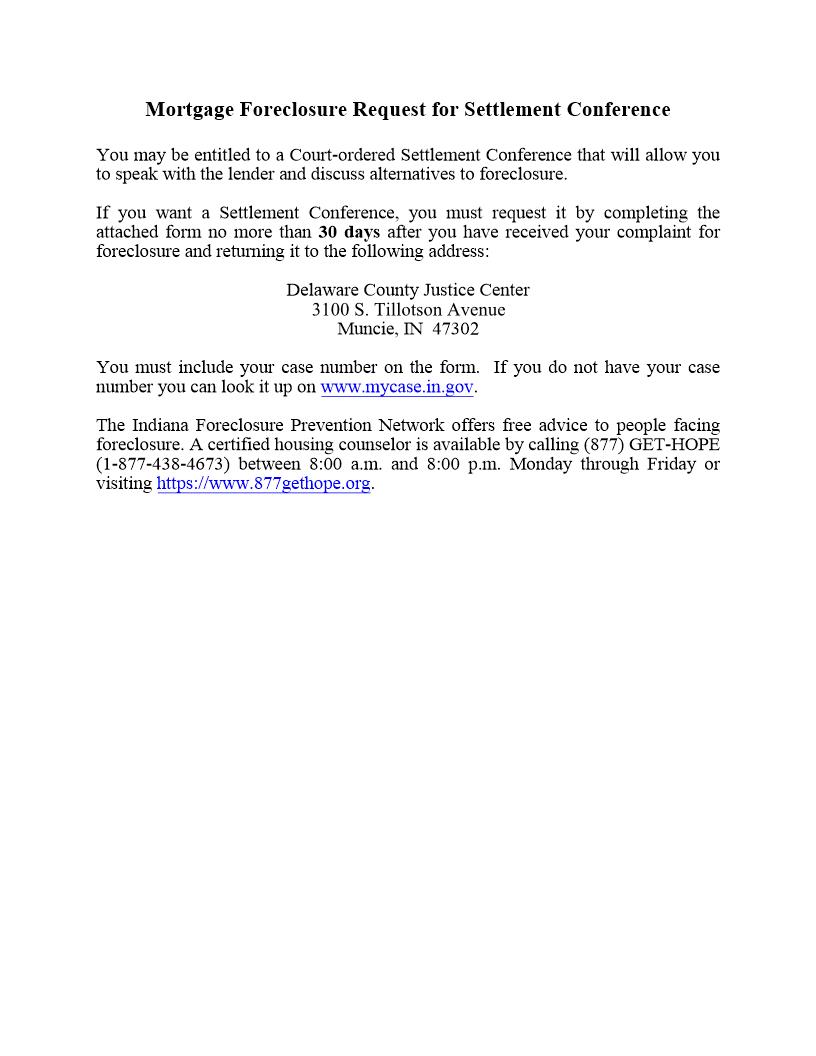 Mortgage Foreclosure Request For Settlement Conference | Pdf Fpdf Docx | Indiana