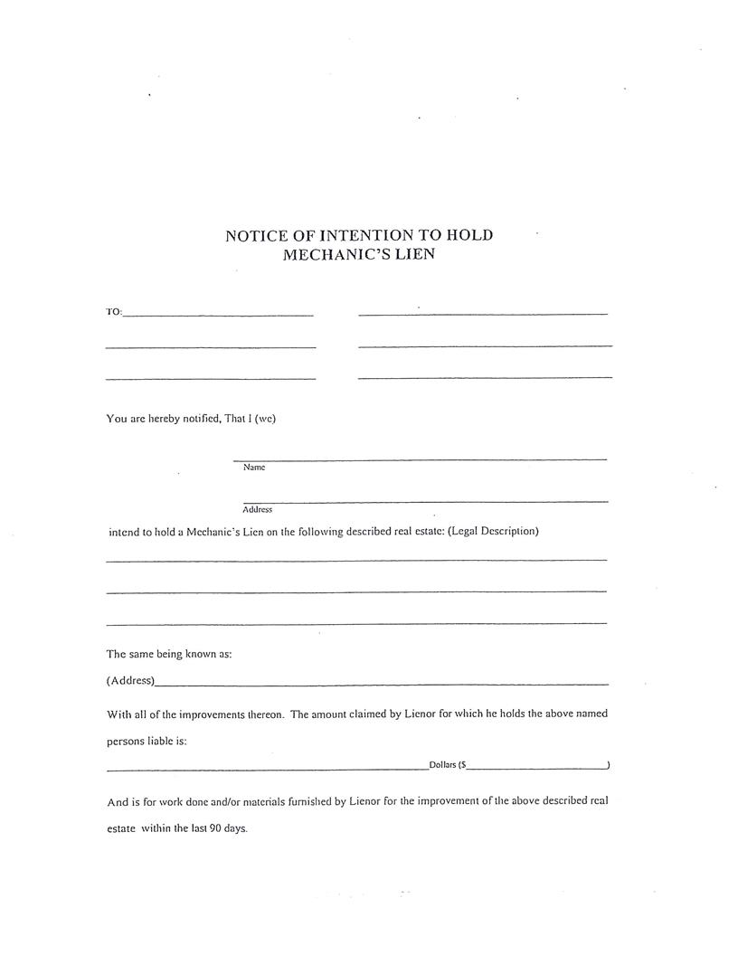 Notice Of Intention To Hold Mechanics Lien | Pdf Fpdf Docx | Indiana