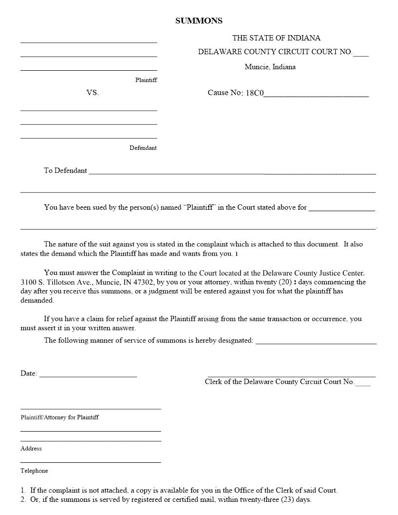 Summons | Pdf Fpdf Doc Docx | Indiana