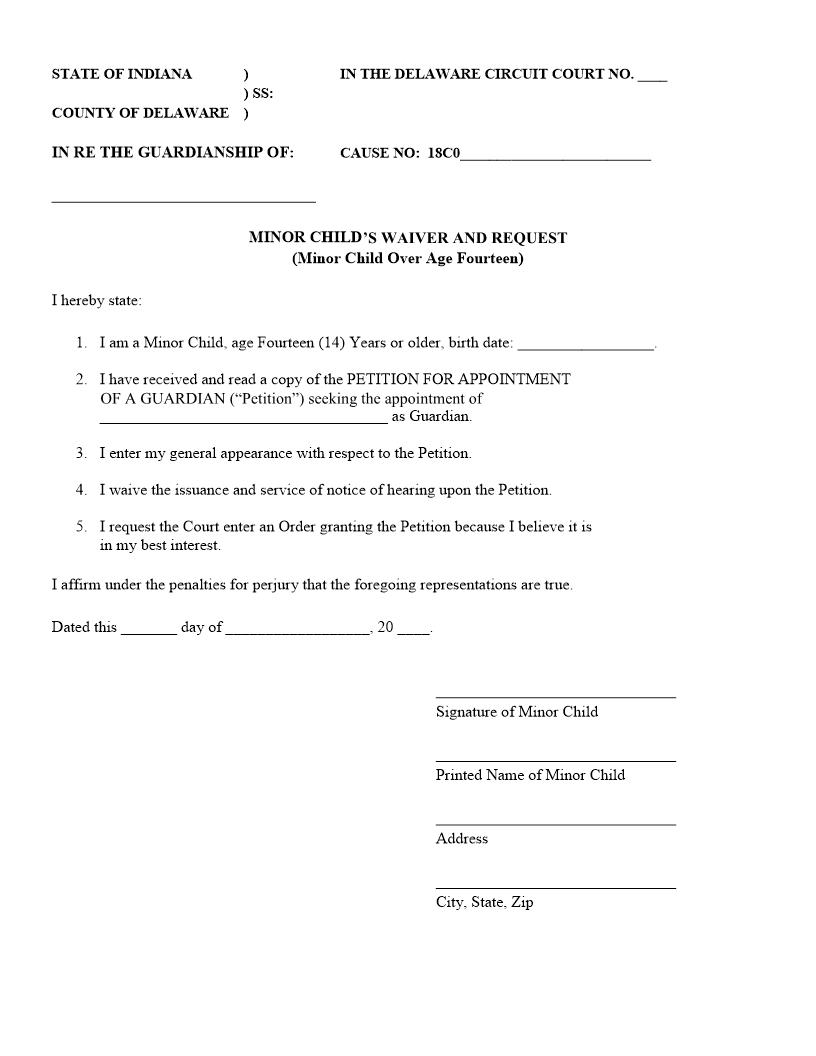 Minor Childs Waiver And Request (Minor Child Over Age Fourteen) | Pdf Fpdf Docx | Indiana